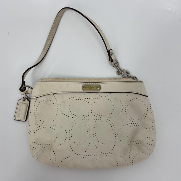 Coach Handbags - COACH Leather Wristlet Clutch Wallet Zip Top Cream Perforated Logo Lettering